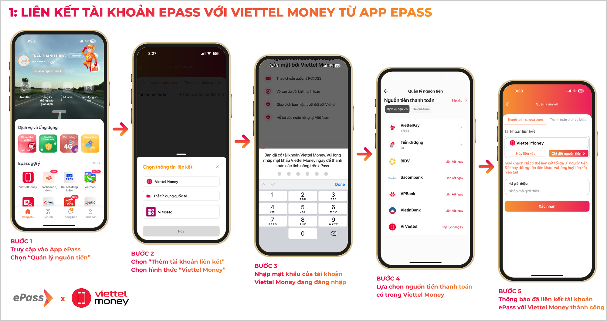 Bước 1: Vào ứng dụng ePass, chọn mục “Quản lý nguồn tiền”. Bước 2: Nhấn “Thêm tài khoản liên kết”, chọn hình thức Viettel Money. Bước 3: Nhập mật khẩu tài khoản Viettel Money đang đăng nhập. Bước 4: Lựa chọn nguồn tiền trong Viettel Money để dùng thanh toán. Bước 5: Hệ thống thông báo liên kết ePass và Viettel Money thành công. Cách liên kết ngược từ ứng dụng Viettel Money: